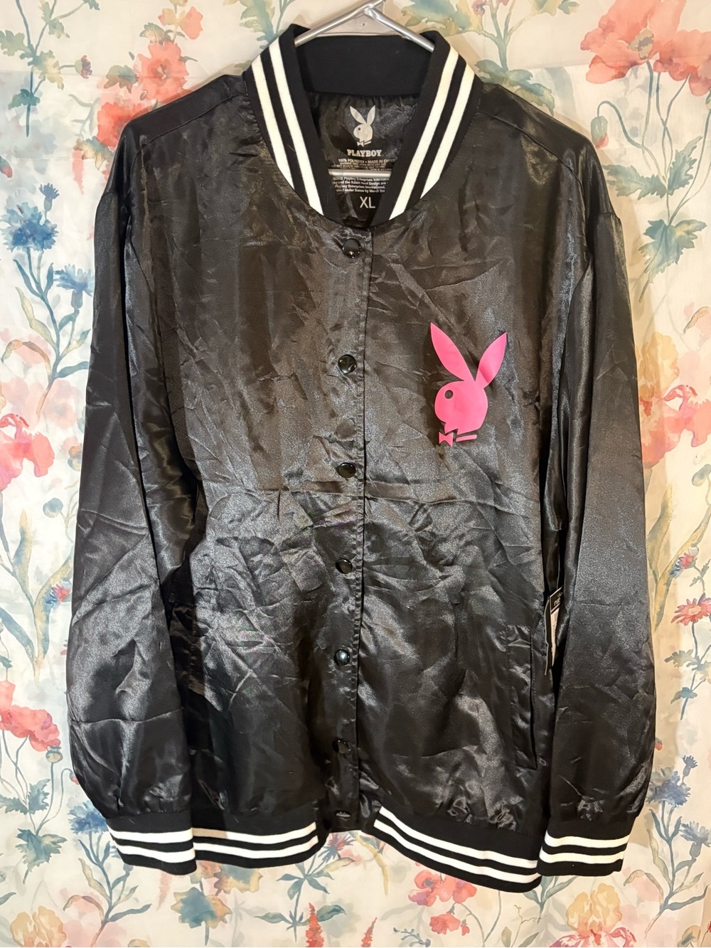 PLAYBOY Black Satin Jacket with Pink Bunny Patch